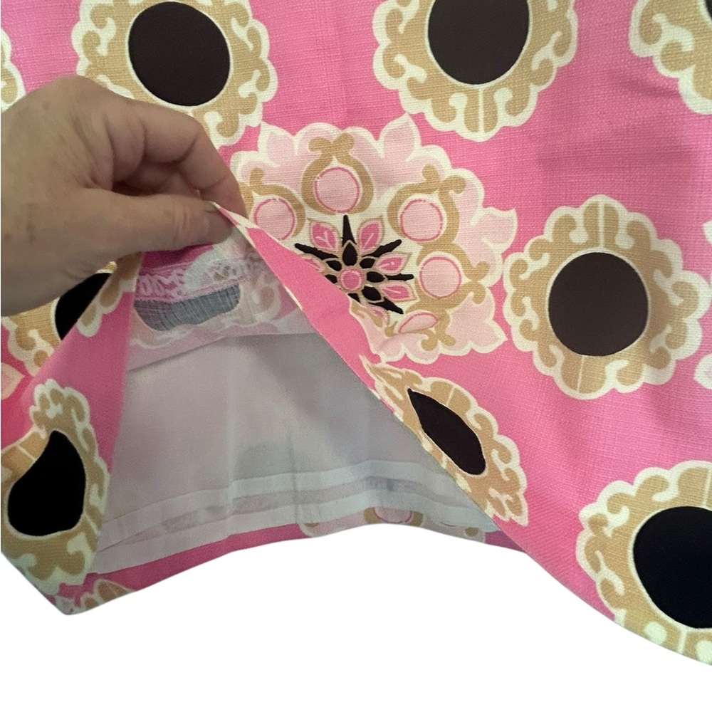 LILLY PULITZER Skirt Sz 6 Pink Tan Black Medallion Print Lined Linen Side Zip - Picture 10 of 13